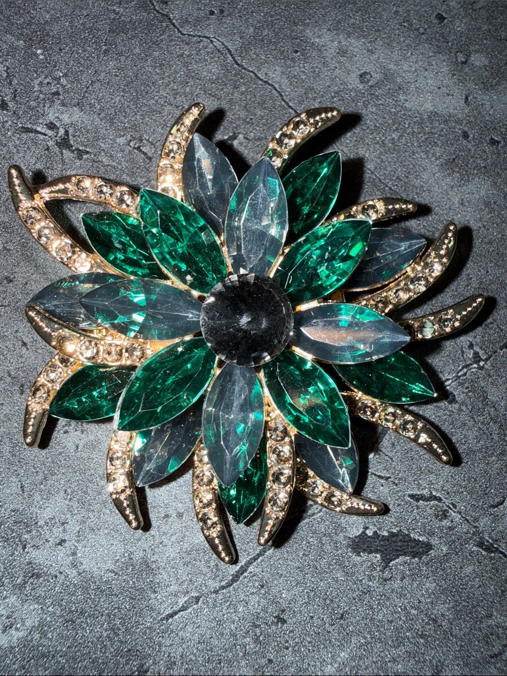 Crystal Flower Brooch - Emerald & Clear Accent